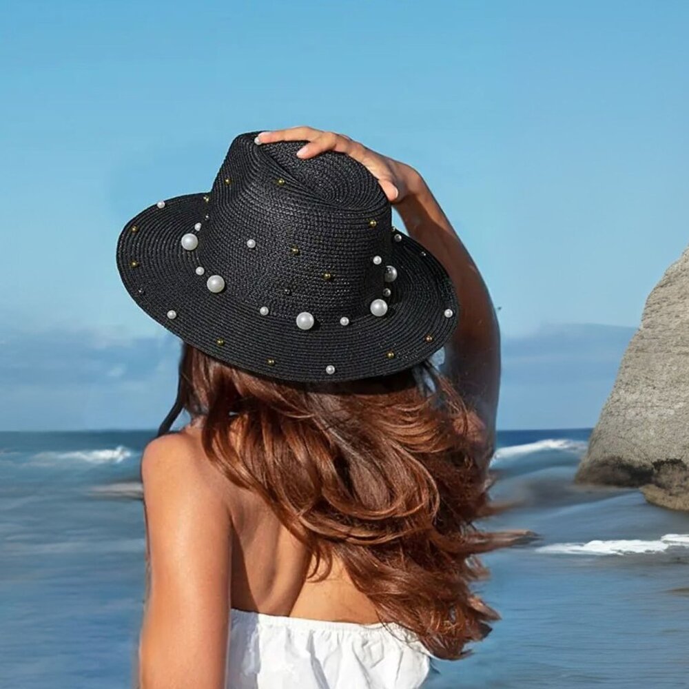 Black Straw Hat Fedora with Faux Pearls & Metallic Gold Beads for Women NWT